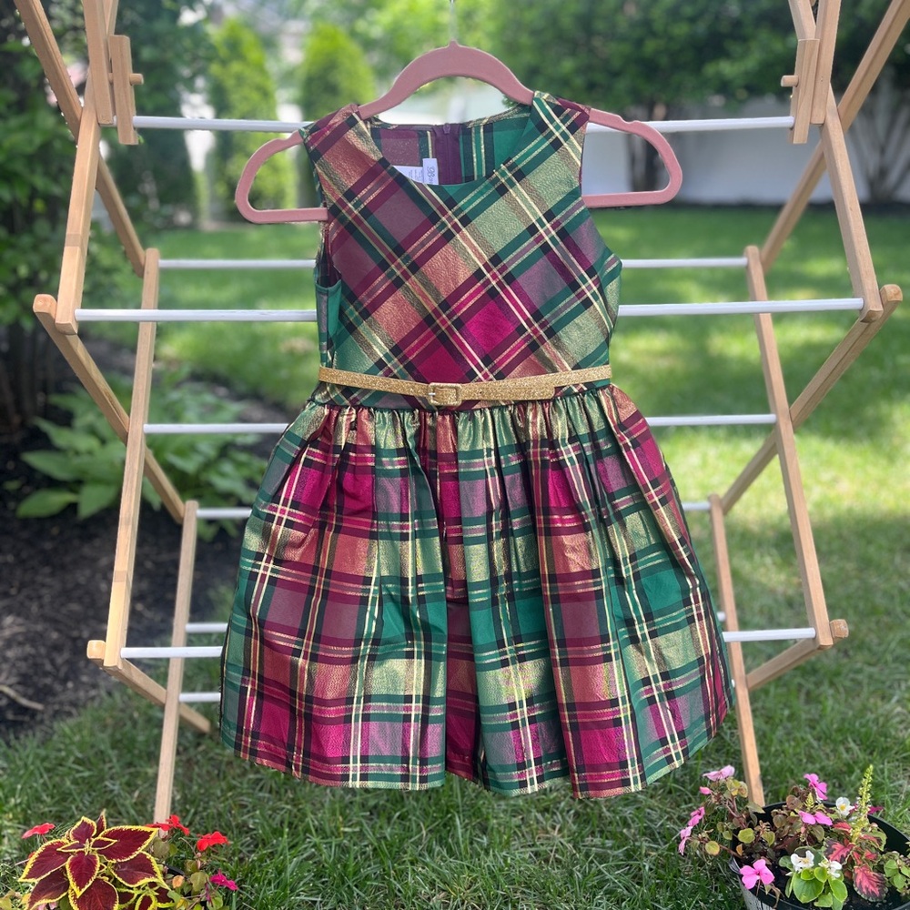 Bonnie Jean Multicolor Plaid Dress with Gold Accent